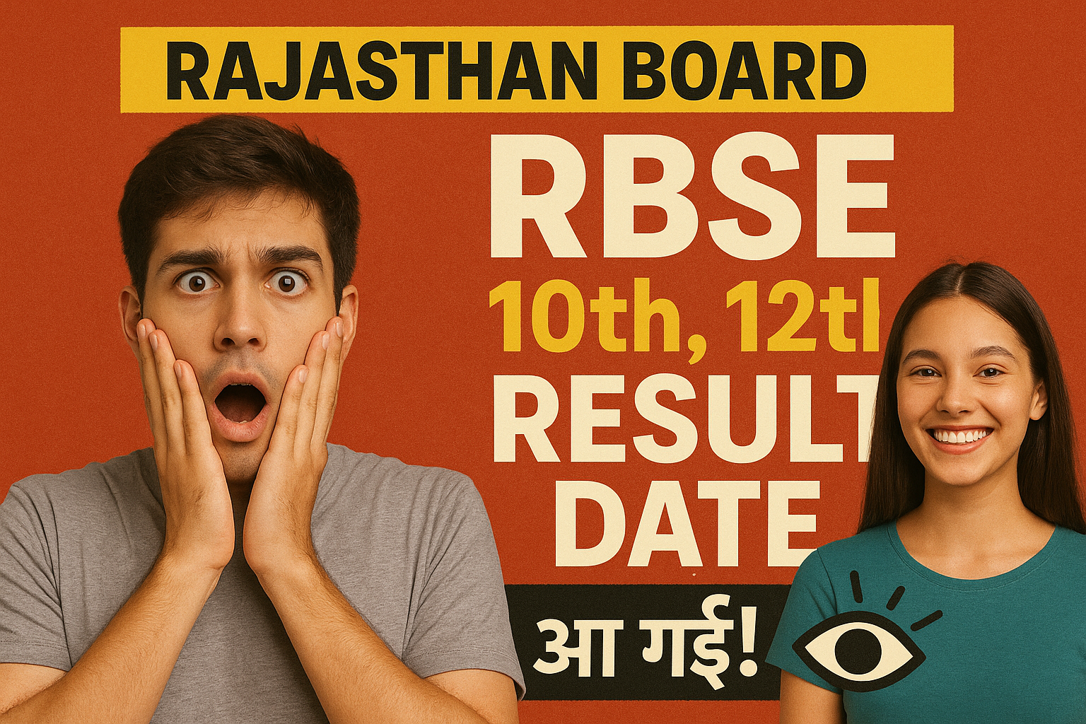 A thumbnail showing a shocked male student and a happy female student, representing reactions to the Rajasthan Board RBSE 10th and 12th result 2025 date announcement, with bold Hindi text and colorful layout