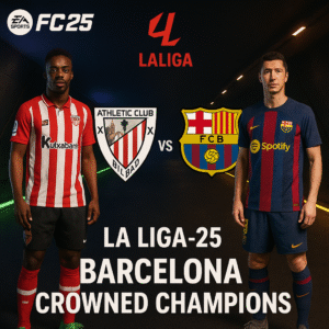 Match graphic for Barcelona vs Athletic Club La Liga 2025 showing Barcelona as crowned champions.