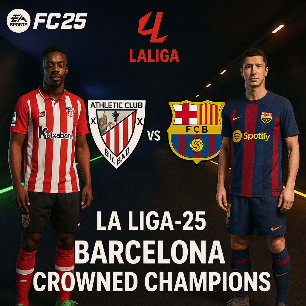 Match graphic for Barcelona vs Athletic Club La Liga 2025 showing Barcelona as crowned champions.